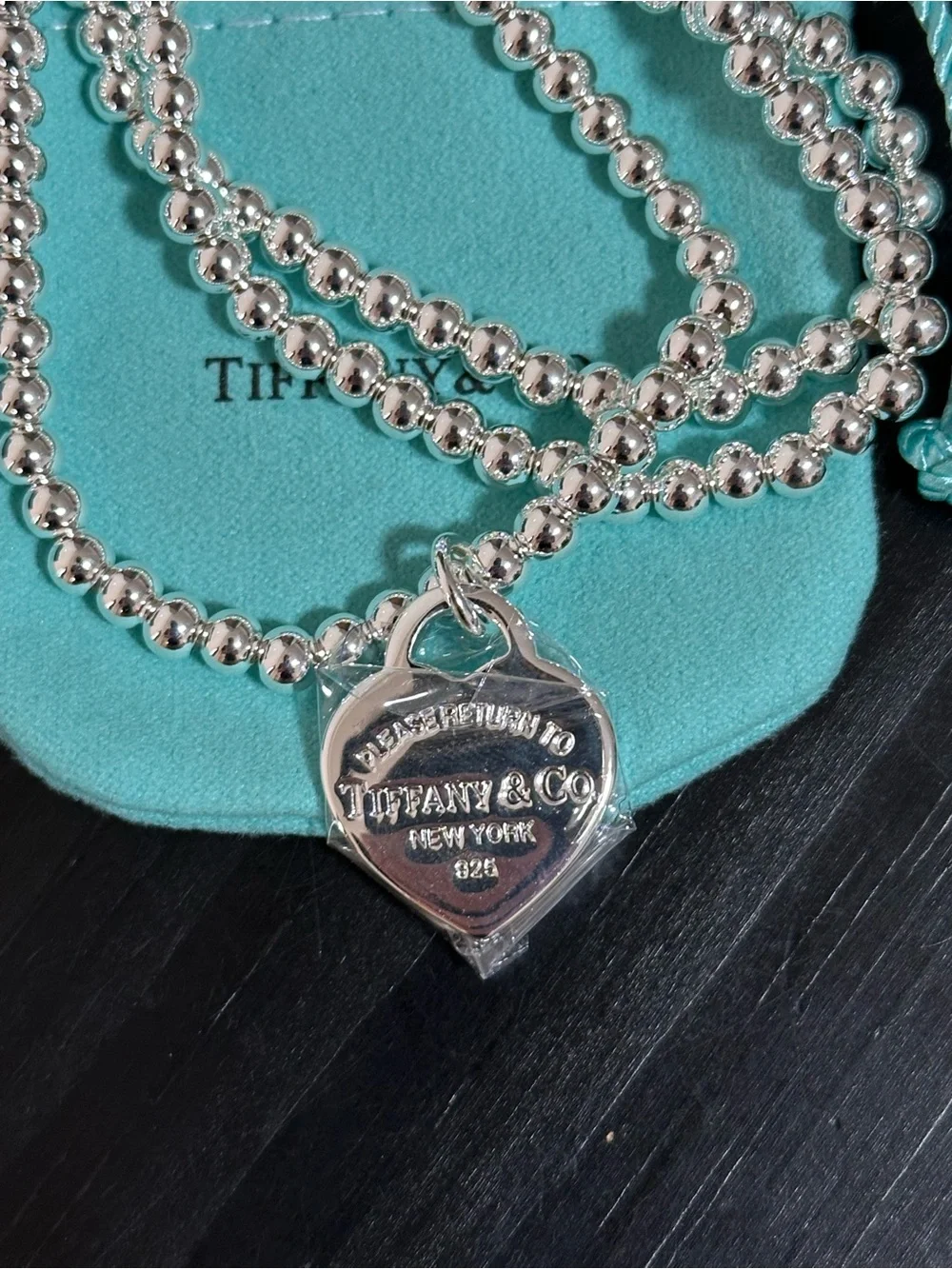 Tiffany & Co. Silver Bead Necklace with Heart Tag Pendant